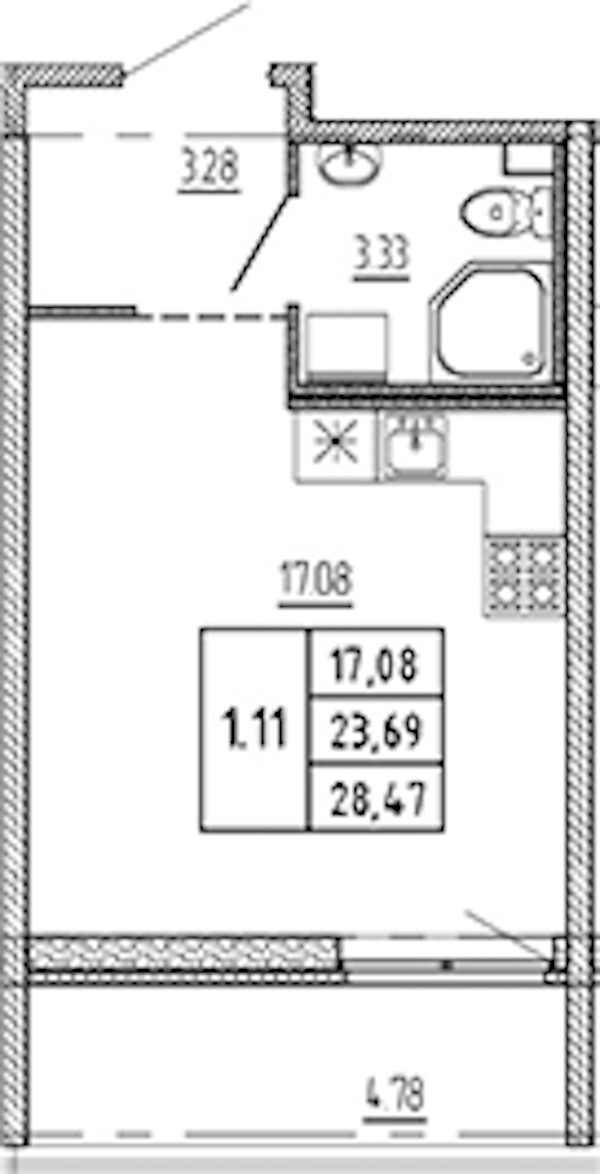 Квартира студия 23.69 м², 2/22 эт., ЖК «Новые горизонты 2»